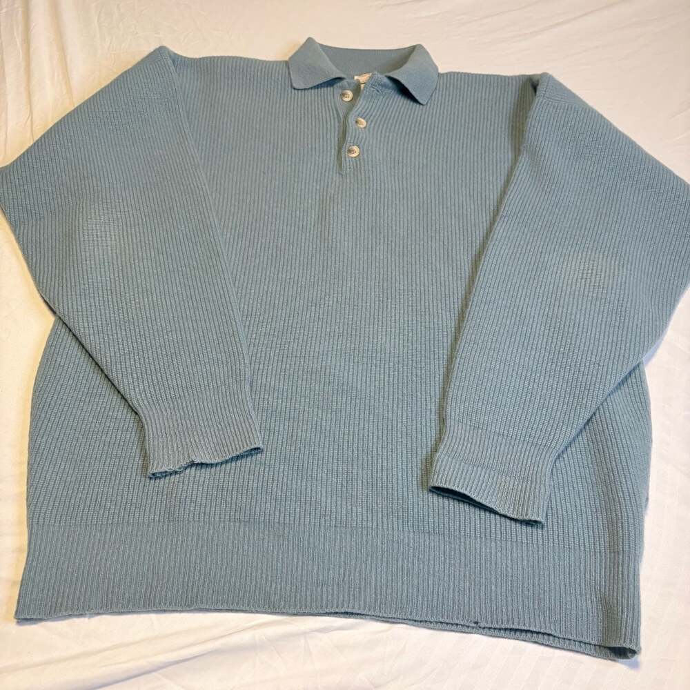 Alan Paine Vintage 100% Lambswool Ribbed Polo Sweater Blue Size 46
